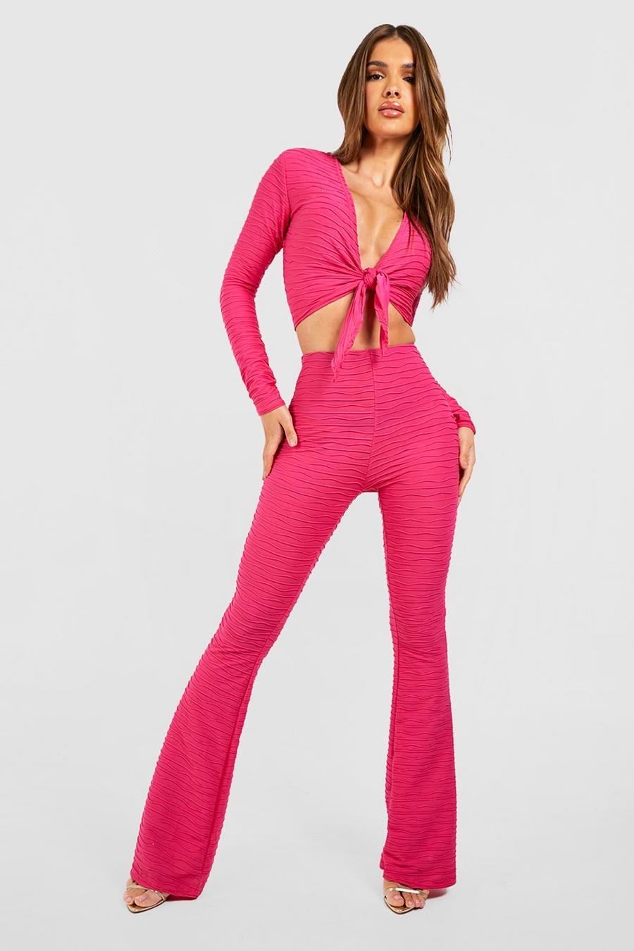 Hot pink Ripple Tie Cropped Shirt & Skinny Flare image number 1