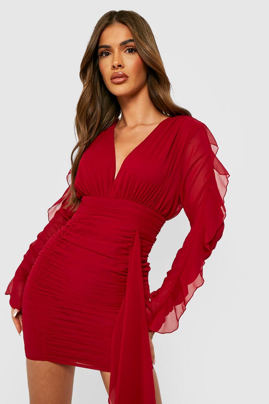 Berry red Mesh Detail Ruched Mini Dress