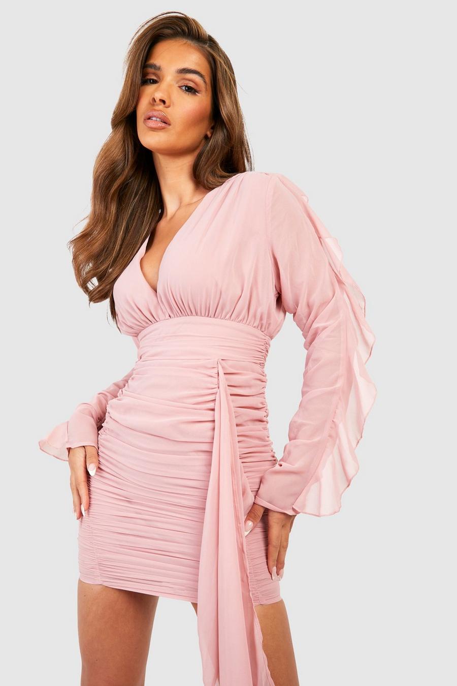 Blush pink Mesh Detail Ruched Mini Dress image number 1