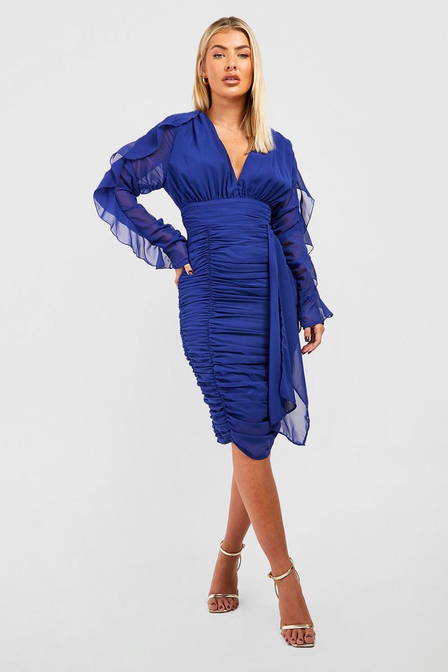 Cobalt blue Mesh Detail Ruched Midi Dress