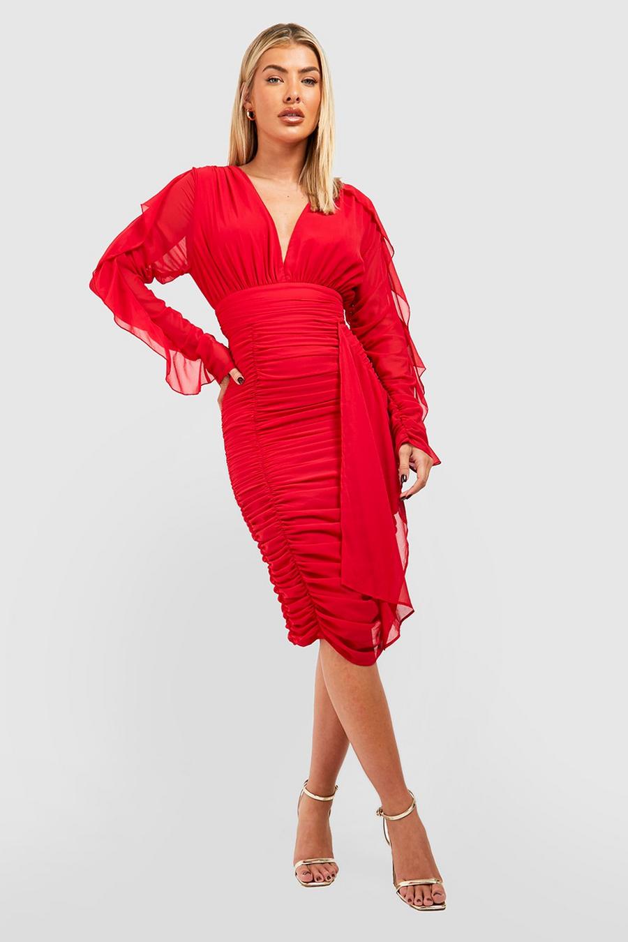 Red Mesh Detail Ruched Midi Dress image number 1