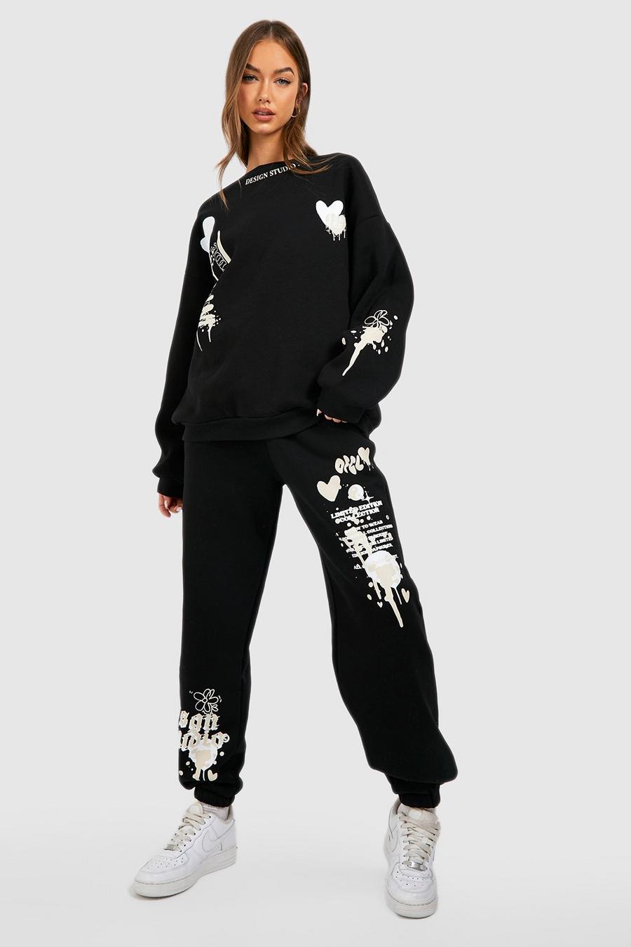 Sweatshirt-Trainingsanzug mit Grafitti-Print, Black