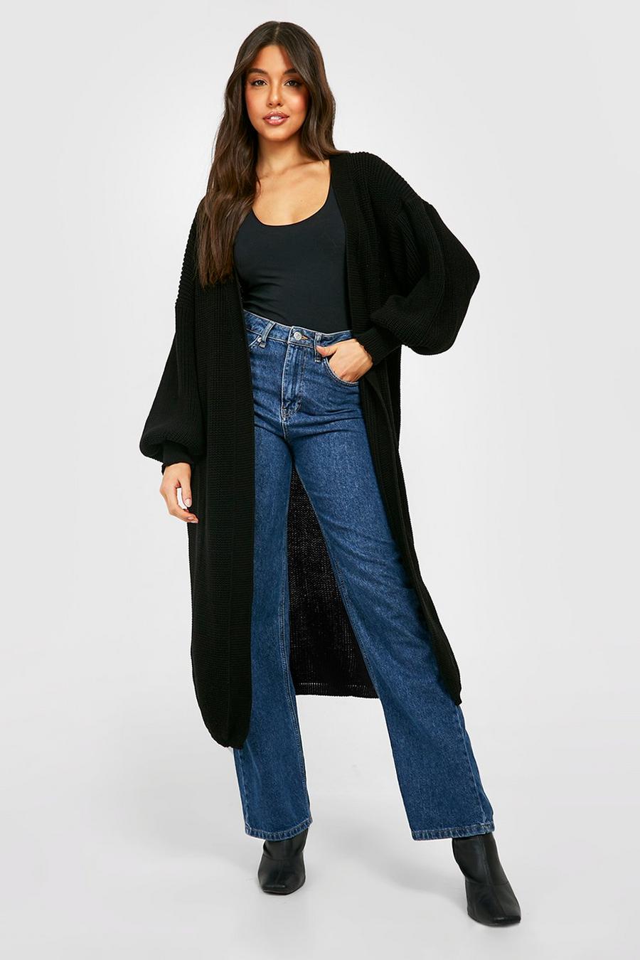 Cardigan oversize con maniche a palloncino, Black image number 1