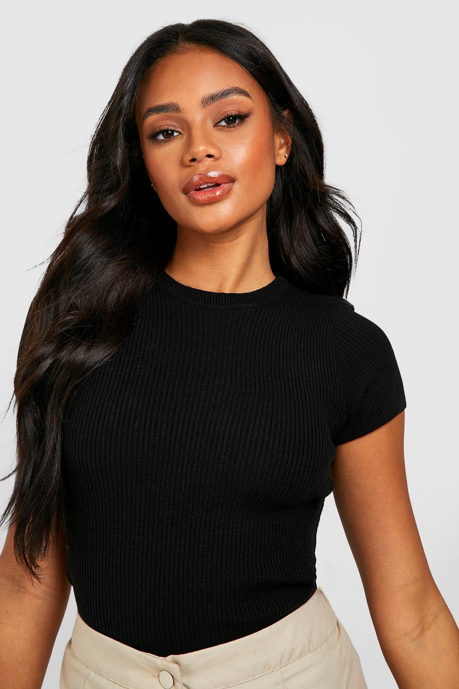 Black Rib Knit Crew Neck Short Sleeve Knitted Top image number 1