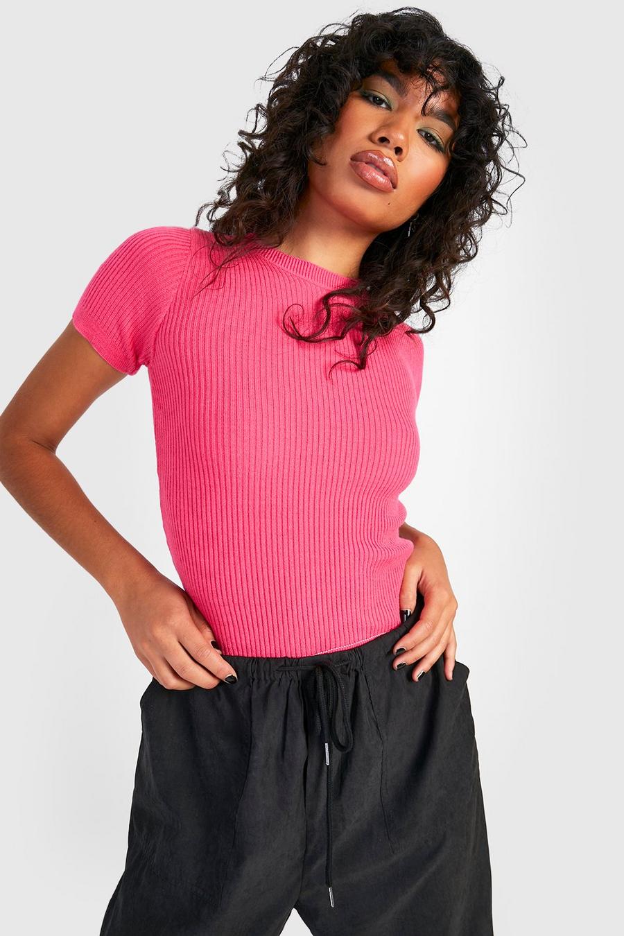 Hot pink Rib Knit Crew Neck Short Sleeve Knitted Top image number 1