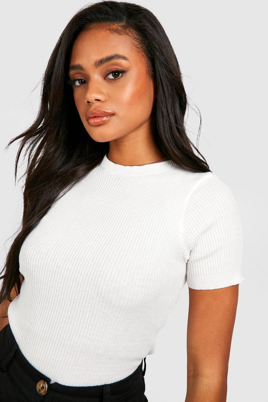Ivory Rib Knit Crew Neck Short Sleeve Knitted Top image number 1