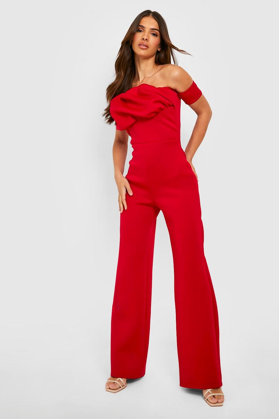 Red Puff Sleeve Bardot Wide Leg Jumpsuit image number 1