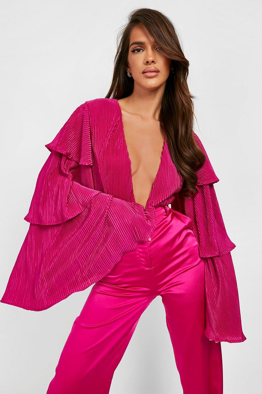 Magenta pink Plisse Ruffle Sleeve Plunge Bodysuit