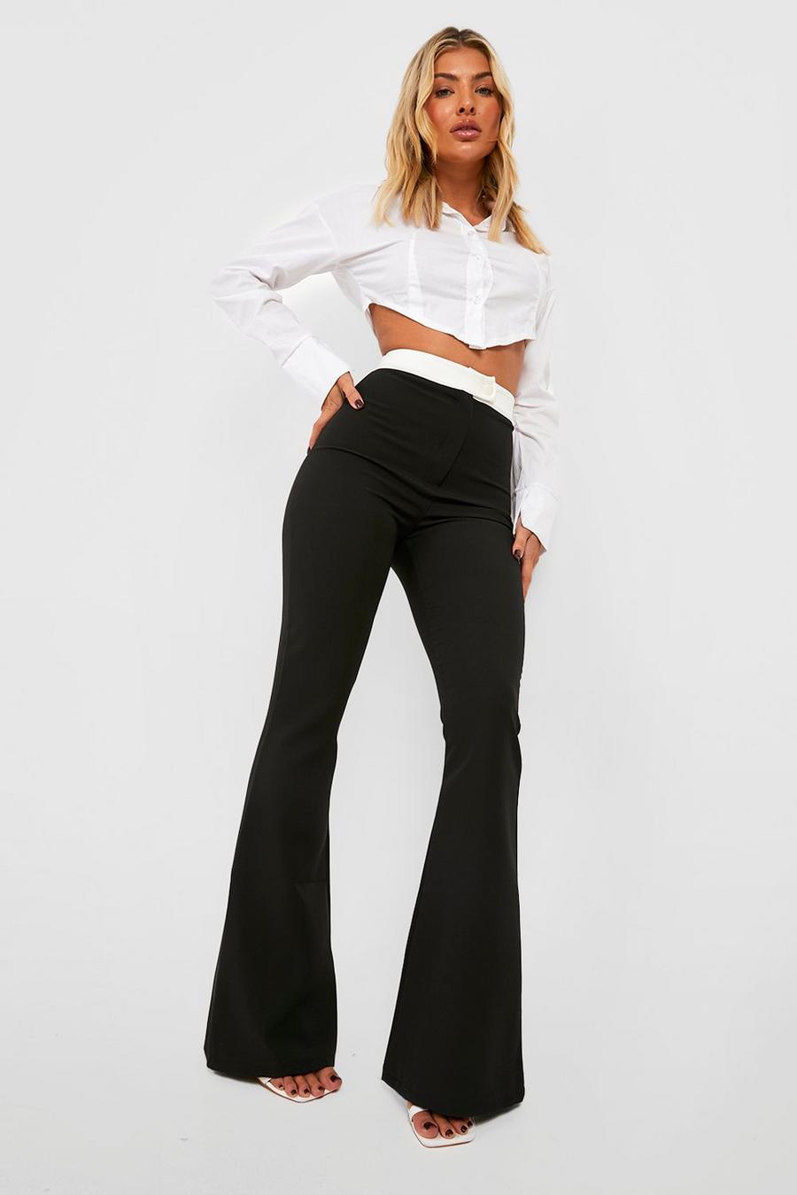 Black Contrast High Waisted Flared Trousers image number 1