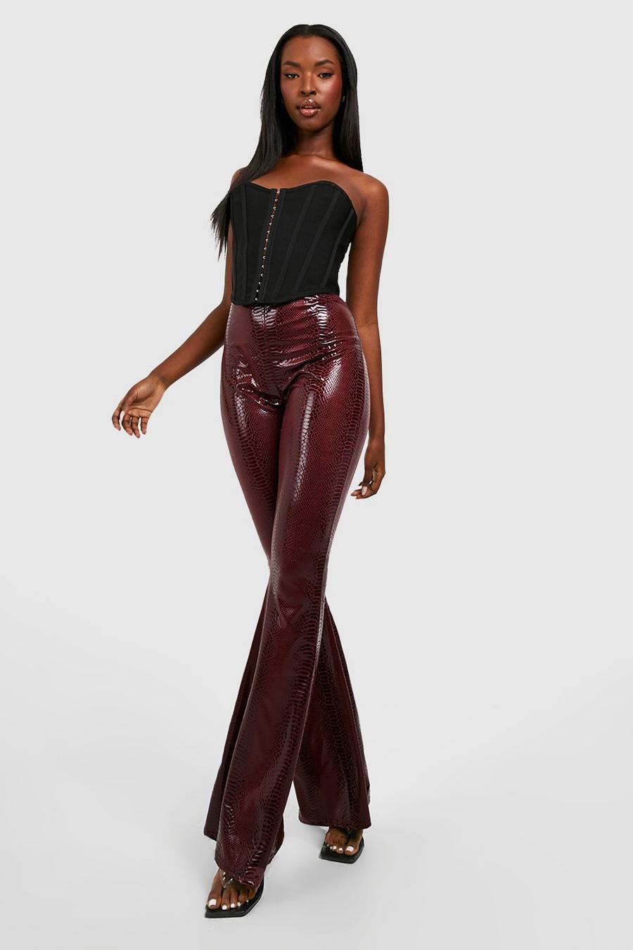 Burgundy Snake Embossed Flared Trousers image number 1