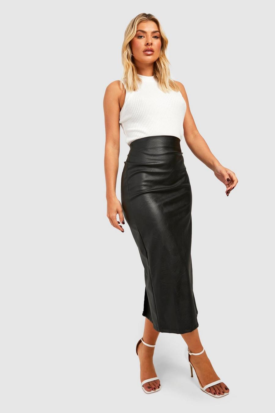 Black svart Leather Look Split Back Tube Midaxi Skirt image number 1