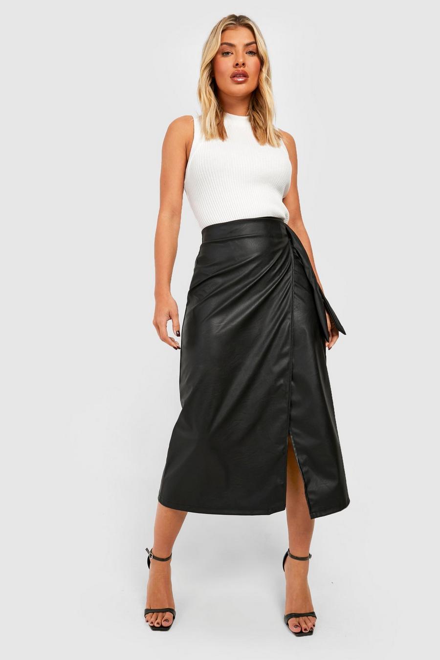 Black Faux Leather Wrap Midi Skirt image number 1