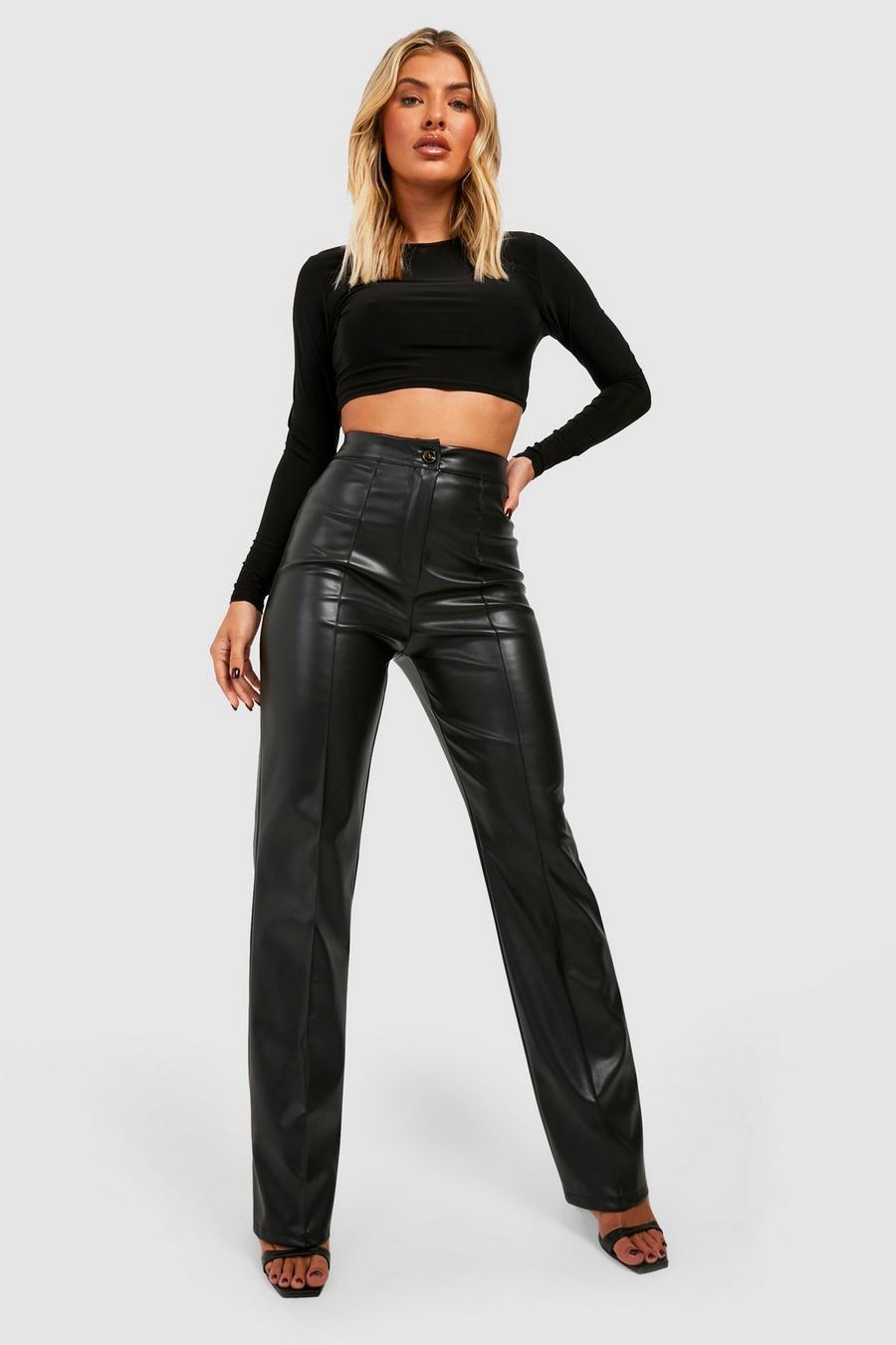 Black Leather Look Tailored Straight Fit Trousers image number 1