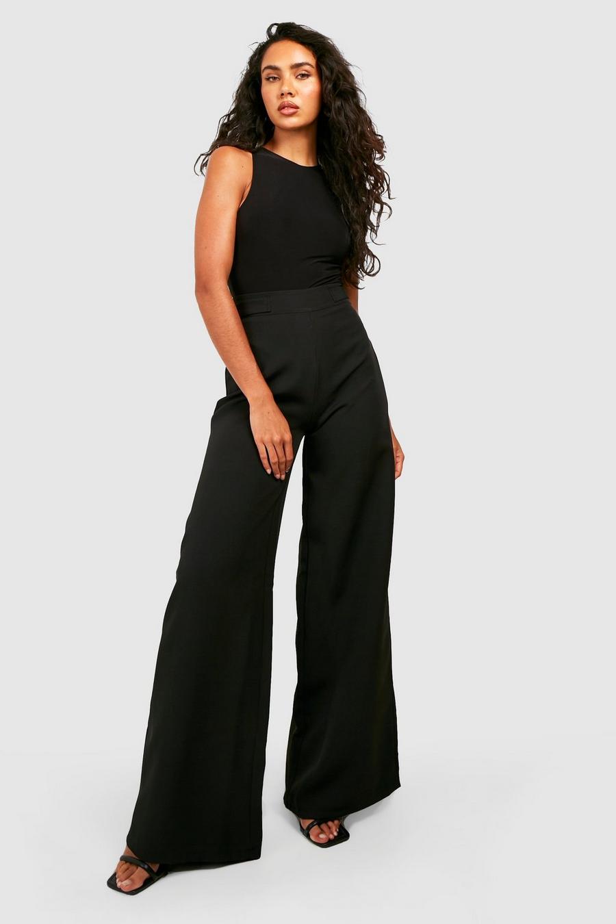 Black Buckle Side High Waisted Wide Leg Trousers