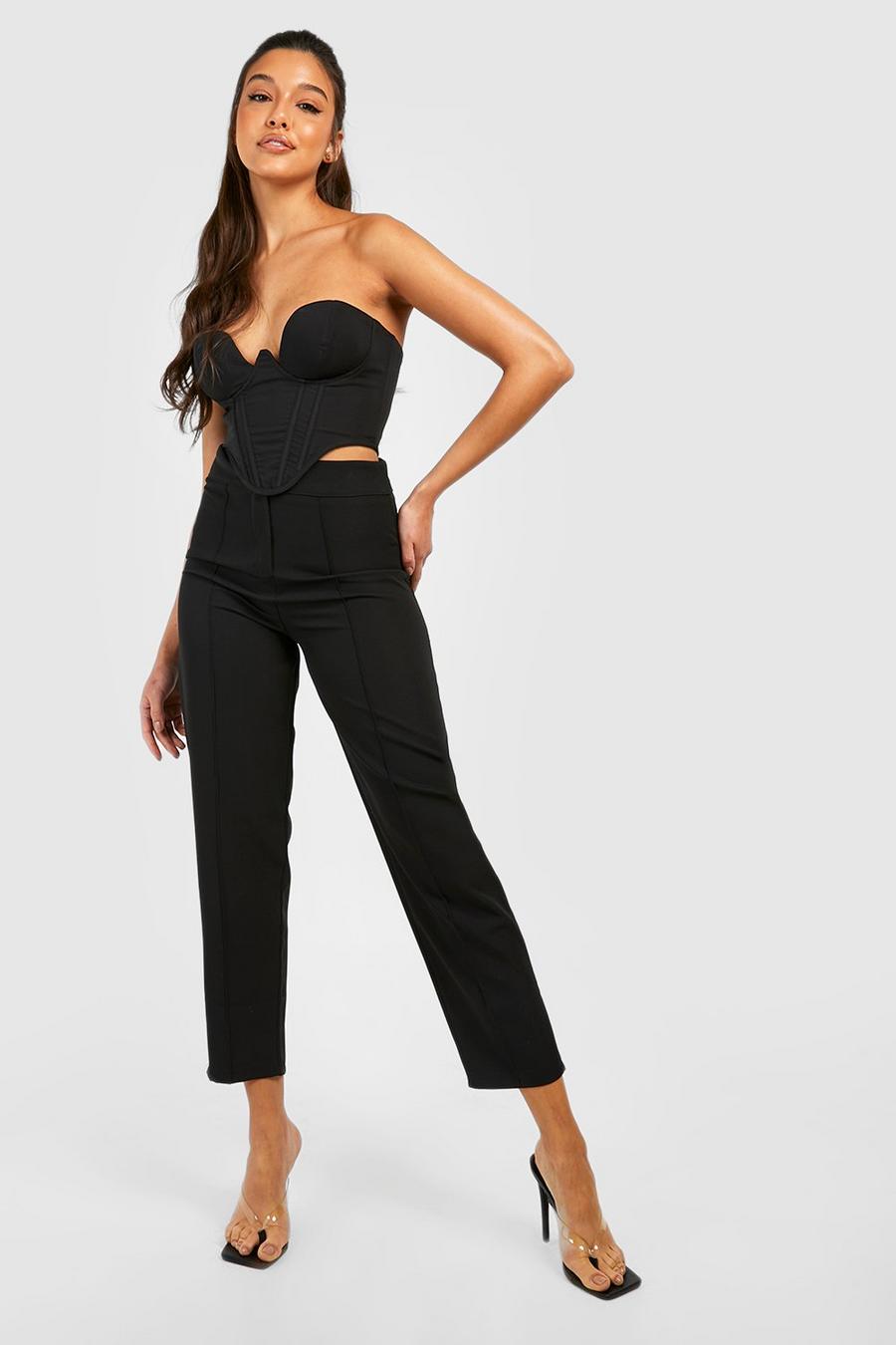 Black Woven Tapered High Waisted Pants image number 1