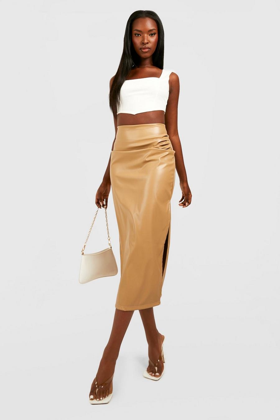 Stone Pleat Detail Faux Leather Midi Skirt image number 1