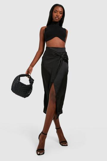 Satin Knotted Split Midaxi Skirt black