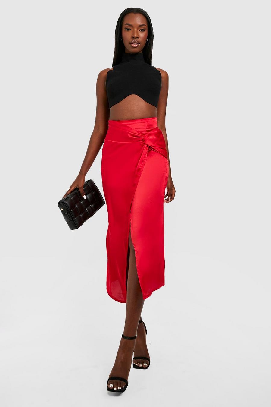 Red Satin Knotted Split Midaxi Skirt image number 1