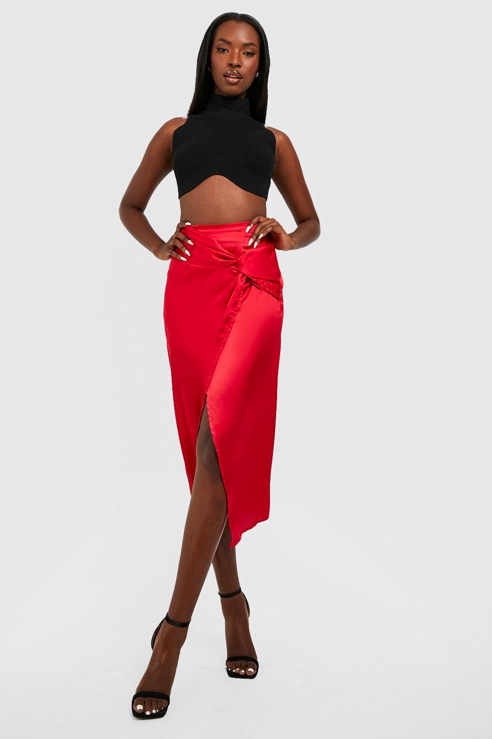 Mid length 2025 satin skirts red