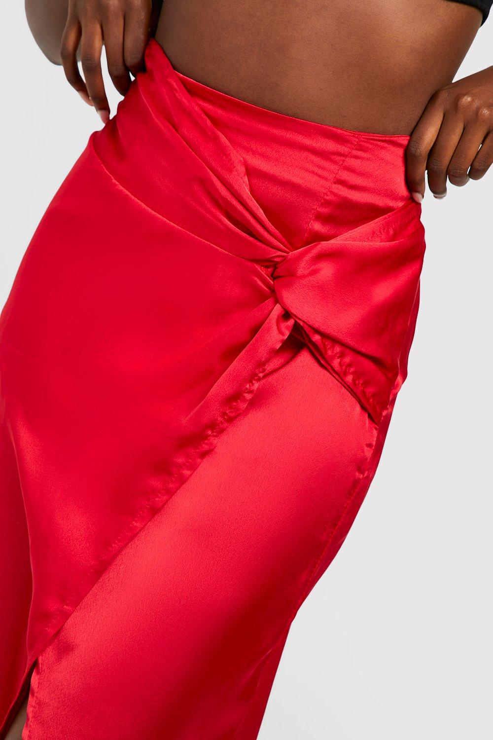 Satin Knotted Split Midi Skirt