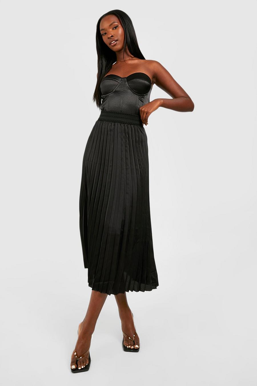 Black negro Satin Pleated Midaxi Skirt