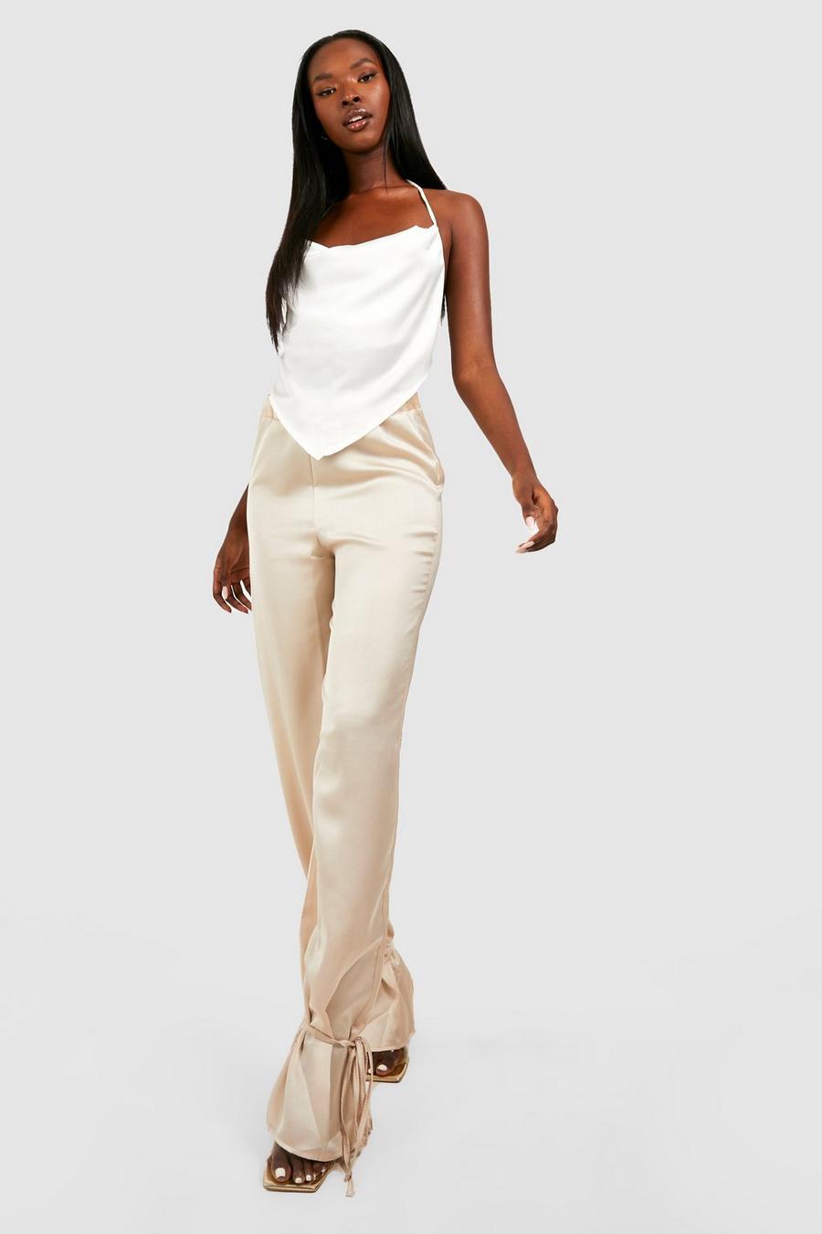 Stone beige Satin Tie Ankle Relax Fit Pants image number 1