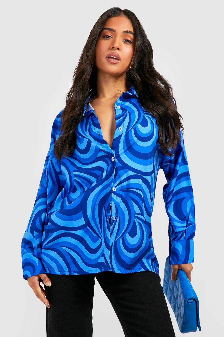 Cobalt blue Petite Abstract Print Oversized Shirt 