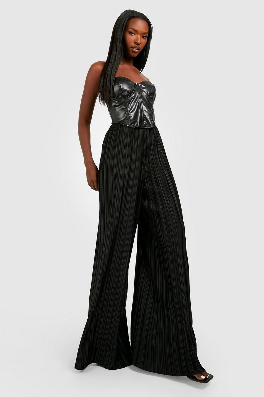 Black Plisse High Waisted Floor Length Extreme Wide Leg Trousers image number 1