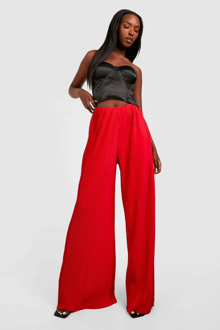 Red Plisse High Waisted Floor Length Extreme Wide Leg Pants