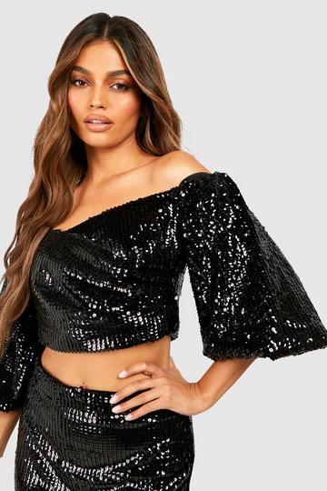 Bright Sequin Puff Sleeve Off The Shoulder Top black