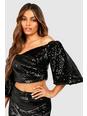 Black Bright Sequin Puff Sleeve Off The Shoulder Top