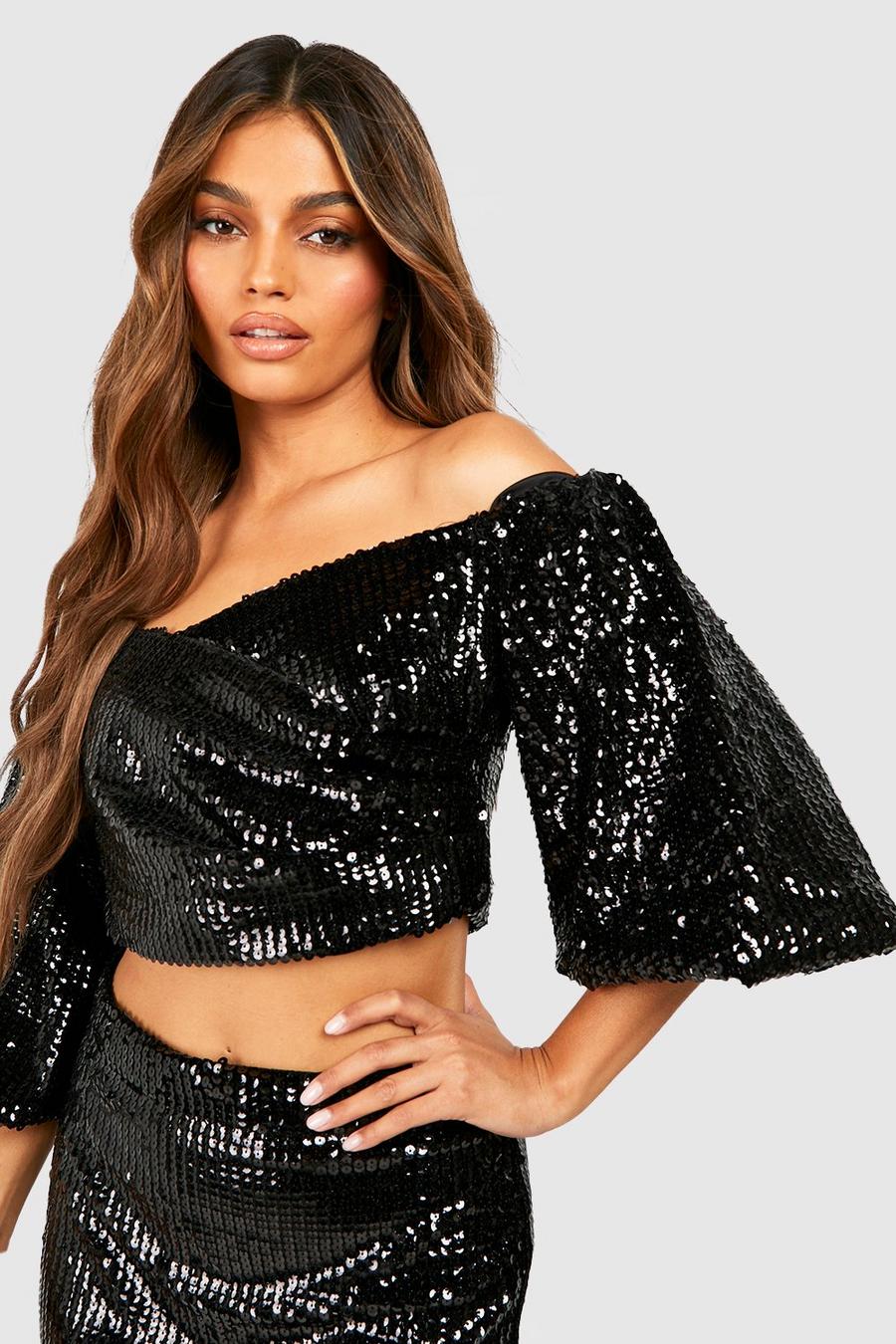 Black Bright Sequin Puff Sleeve Off The Shoulder Top image number 1