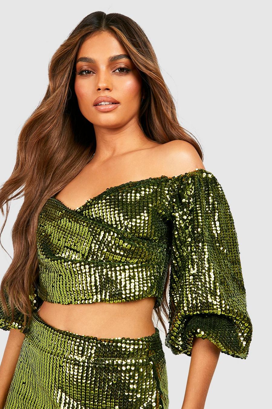 Chartreuse Bright Sequin Puff Sleeve Off The Shoulder Top image number 1