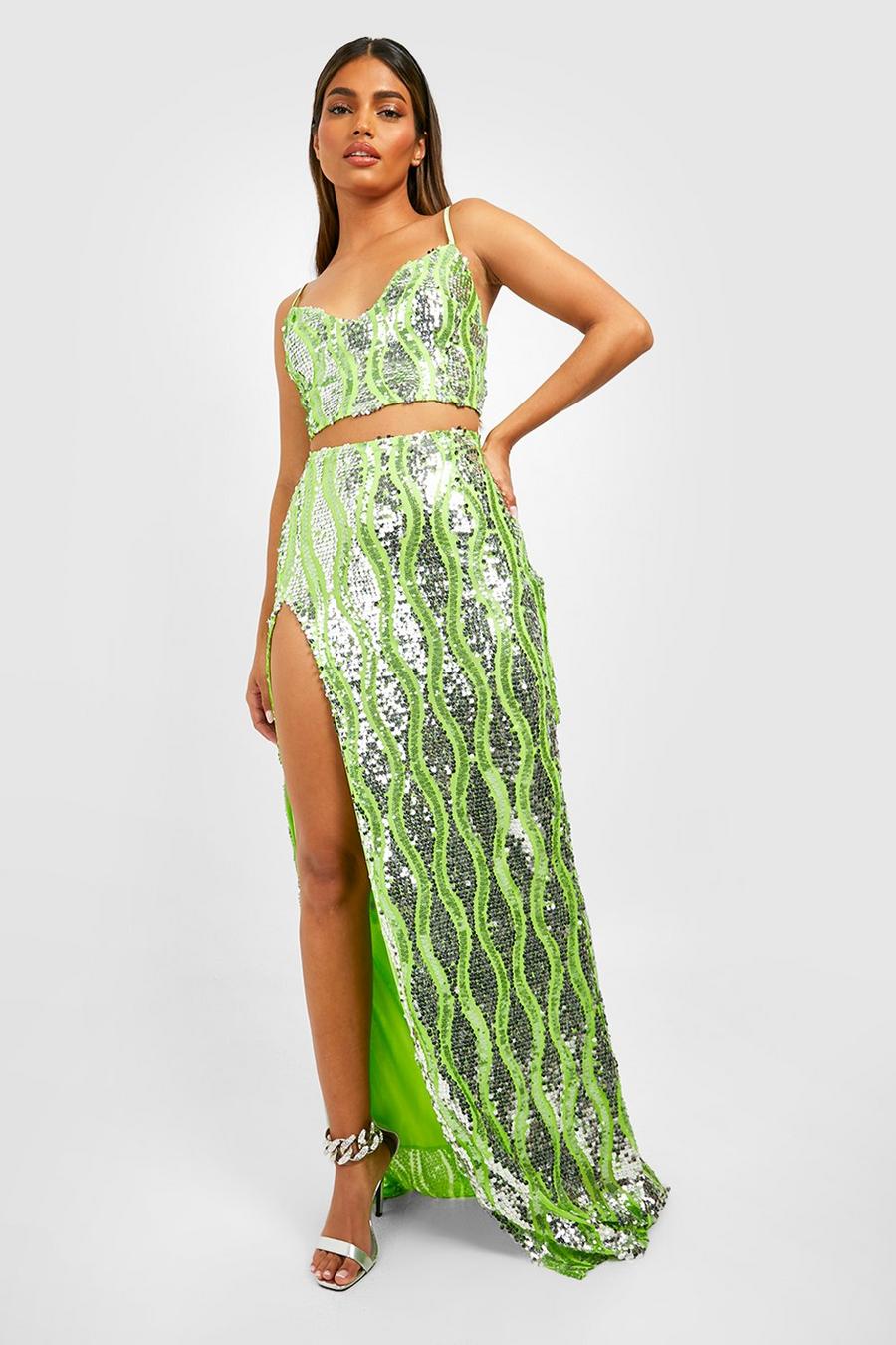 Lime Multi Sequin Thigh Split Maxi Skirt  image number 1