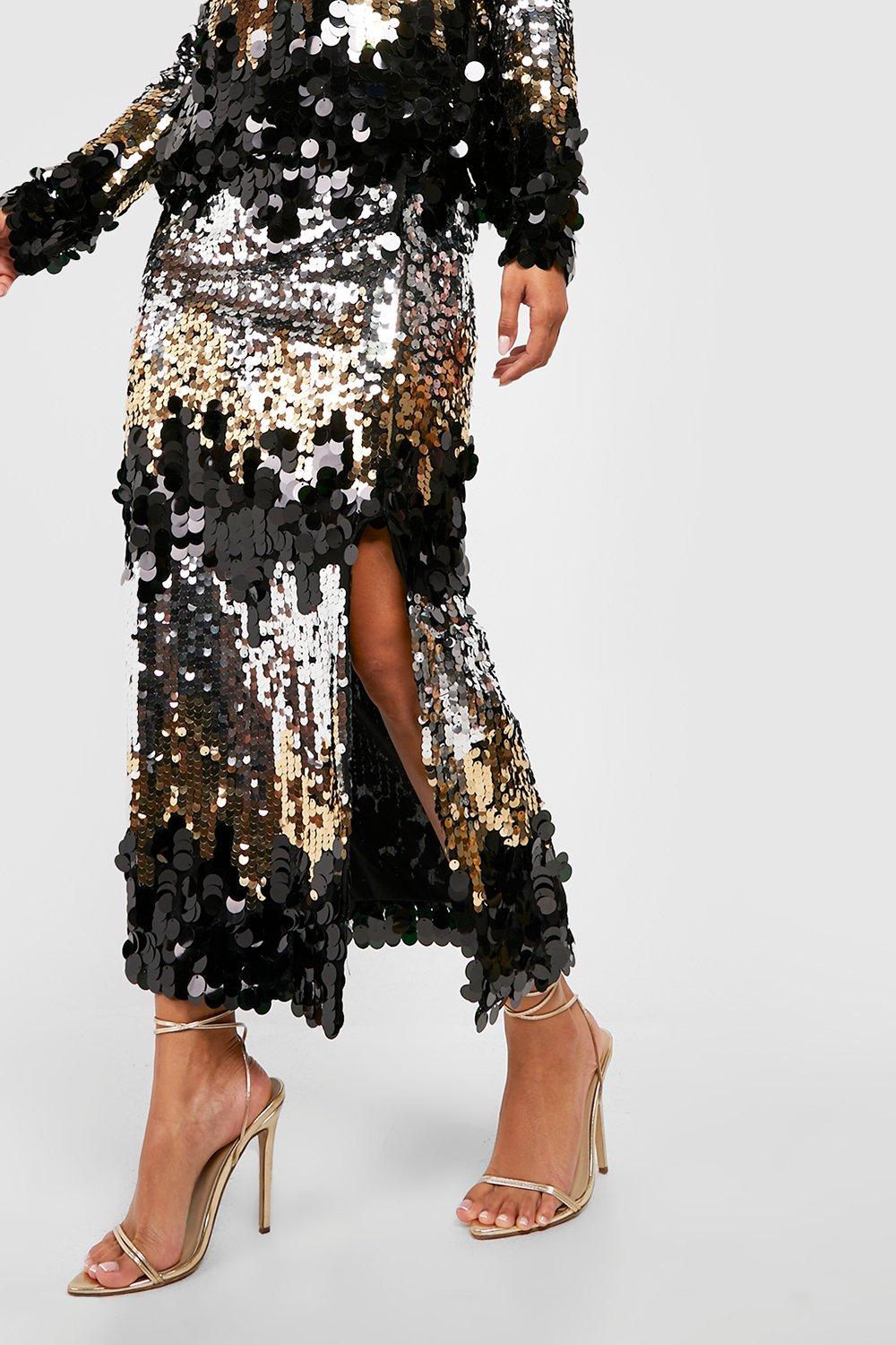 Khaki sequin 2024 split midi skirt