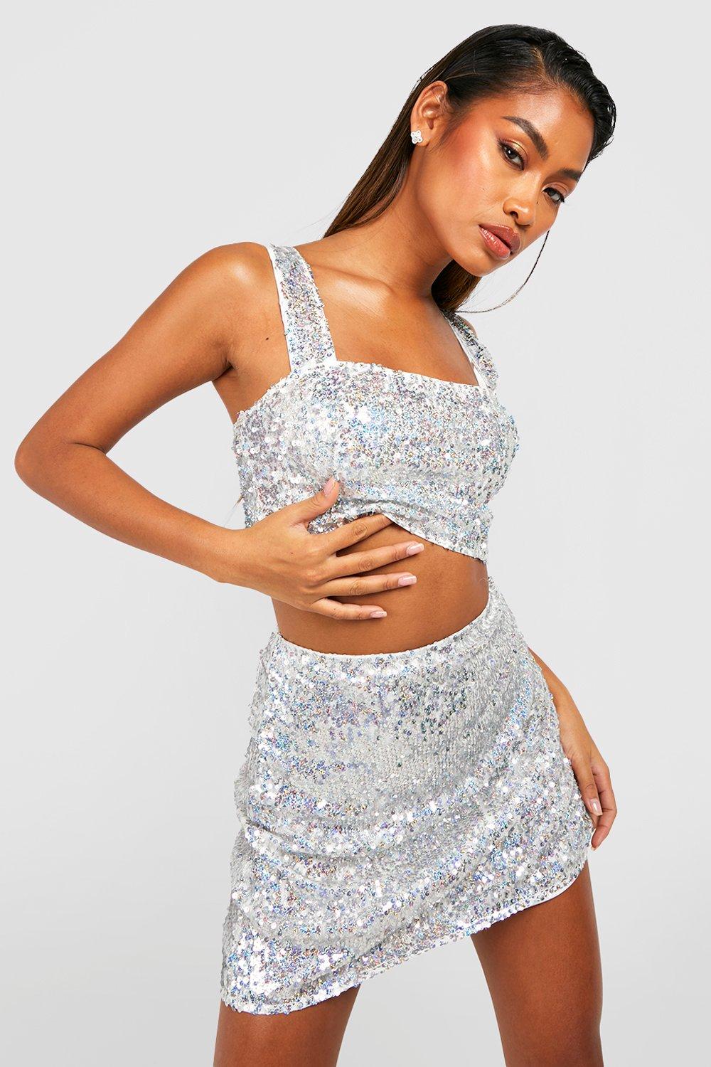 Silver Iridescent Sequin Square Neck Cami 