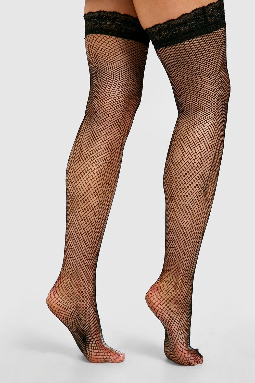 Black Fishnet Lace Trim Stockings