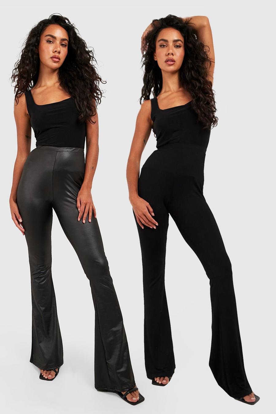 Black 2 Pack Wet Look & Jersey Flared Trousers image number 1