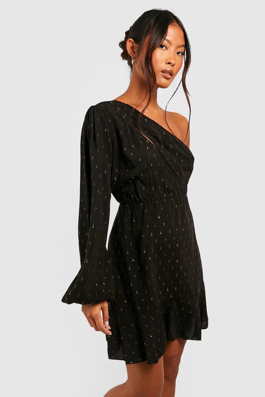 Black Petite Metallic Spot Asymmetric Mini Dress image number 1