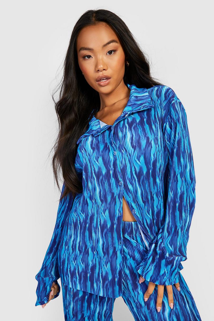 Blue Petite Abstract Printed Plisse Shirt  image number 1