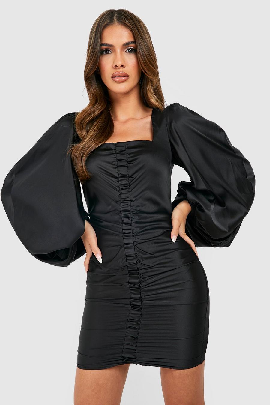 Black Satin Ruched Blouson Sleeve Mini Dress image number 1