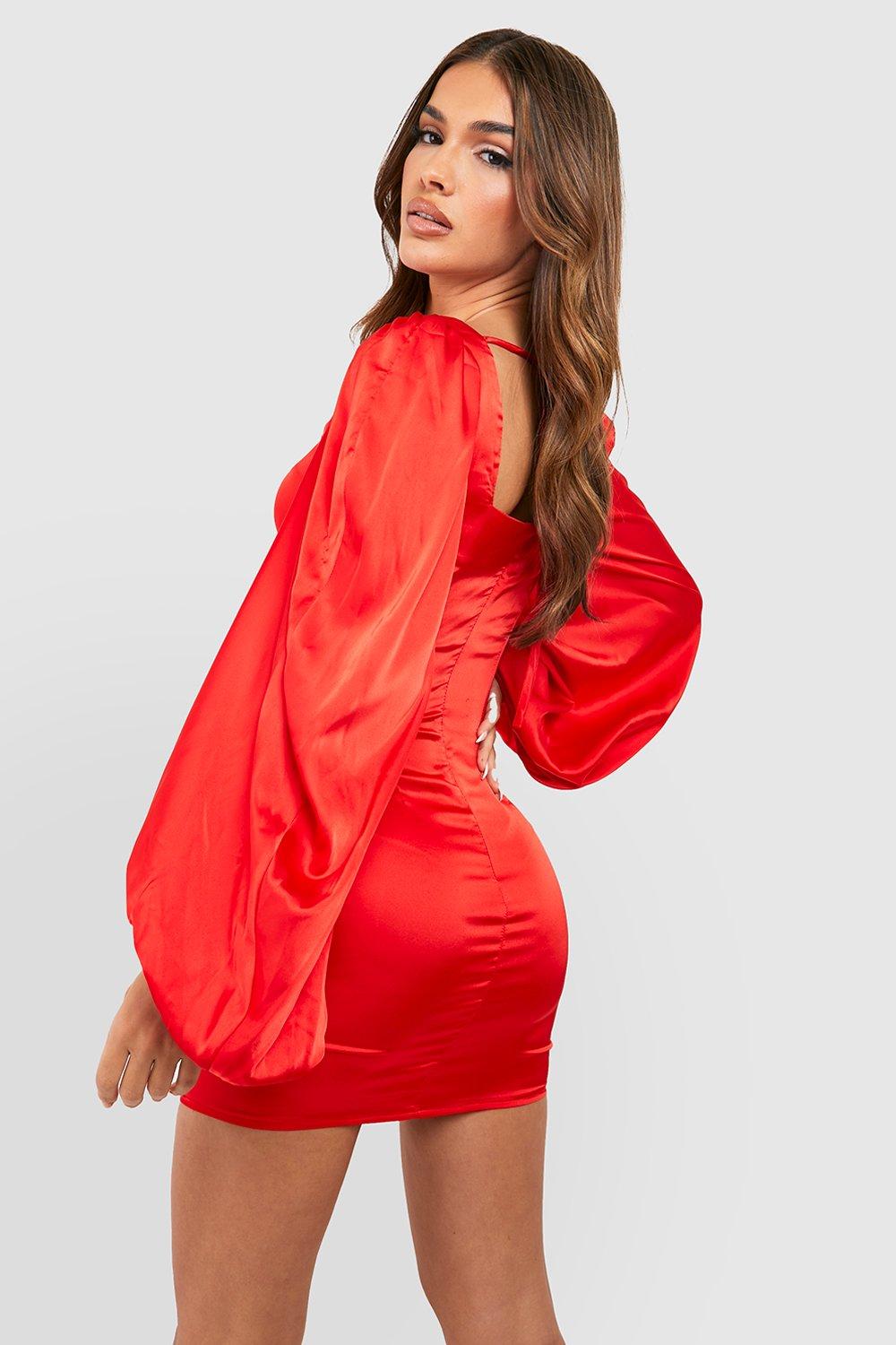 Satin Ruched Blouson Sleeve Mini Dress