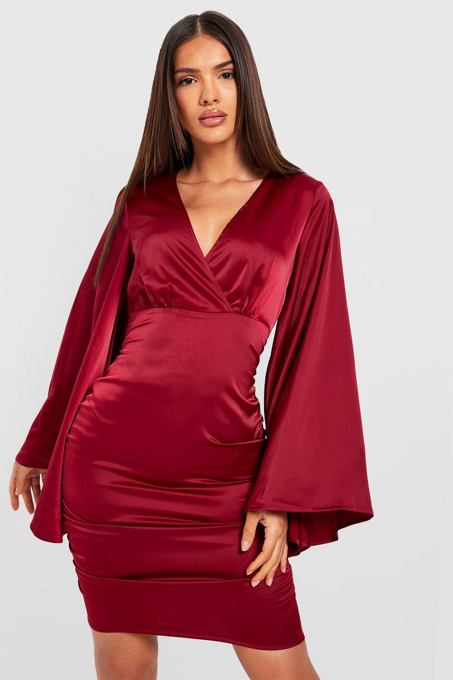 Berry rosso Satin Kimono Ruched Mini Dress image number 1
