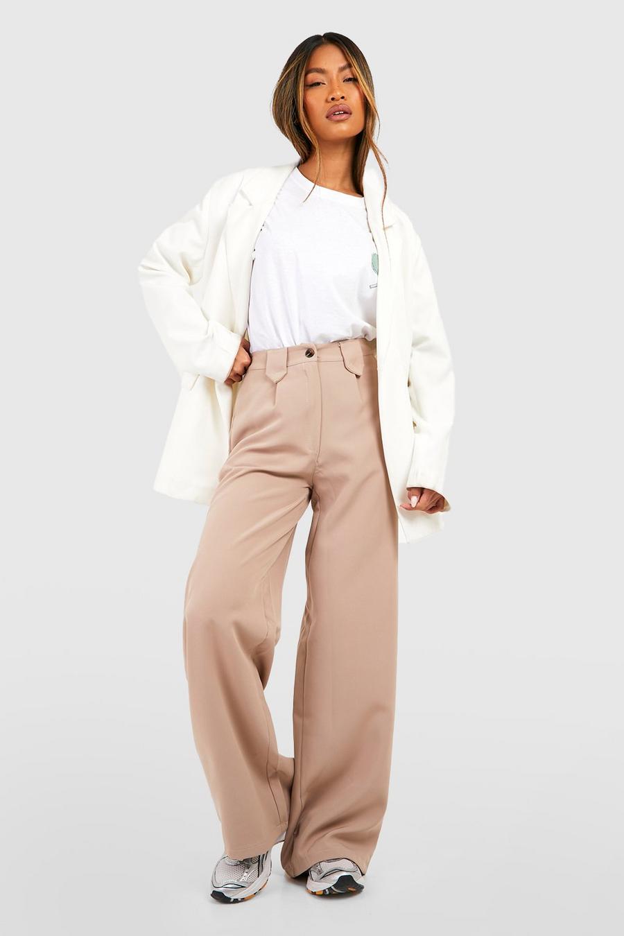 Stone beige Woven Tab Detail Relax Waist Straight Fit Trousers