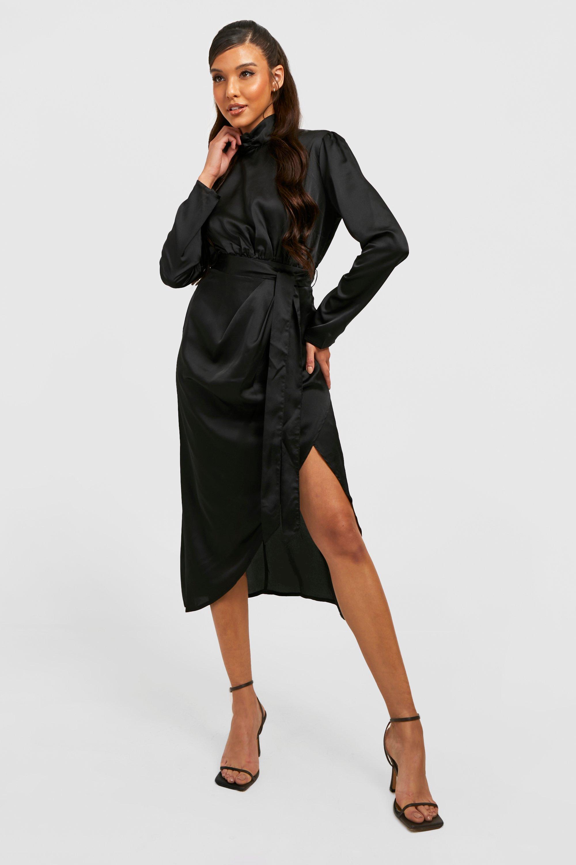 Satin Plunge Wrap Drape Dress boohoo