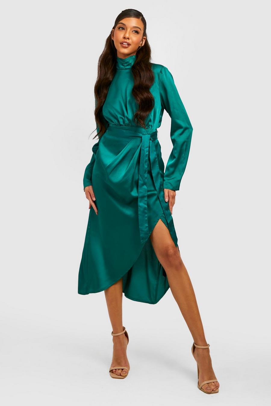 Emerald Satin Plunge Wrap Drape Dress image number 1