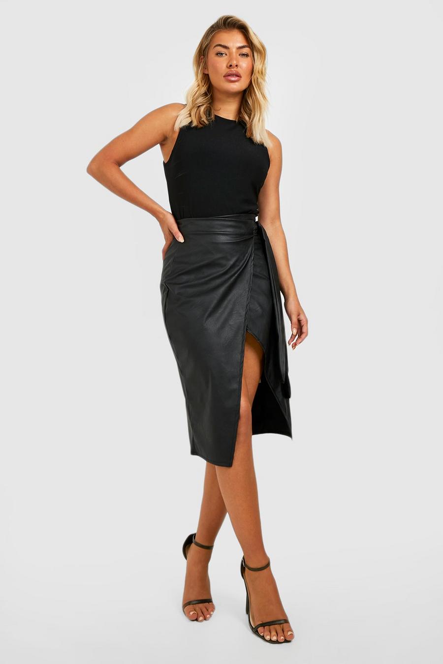 Black svart Leather Look Tie Wrap Midi Skirt image number 1