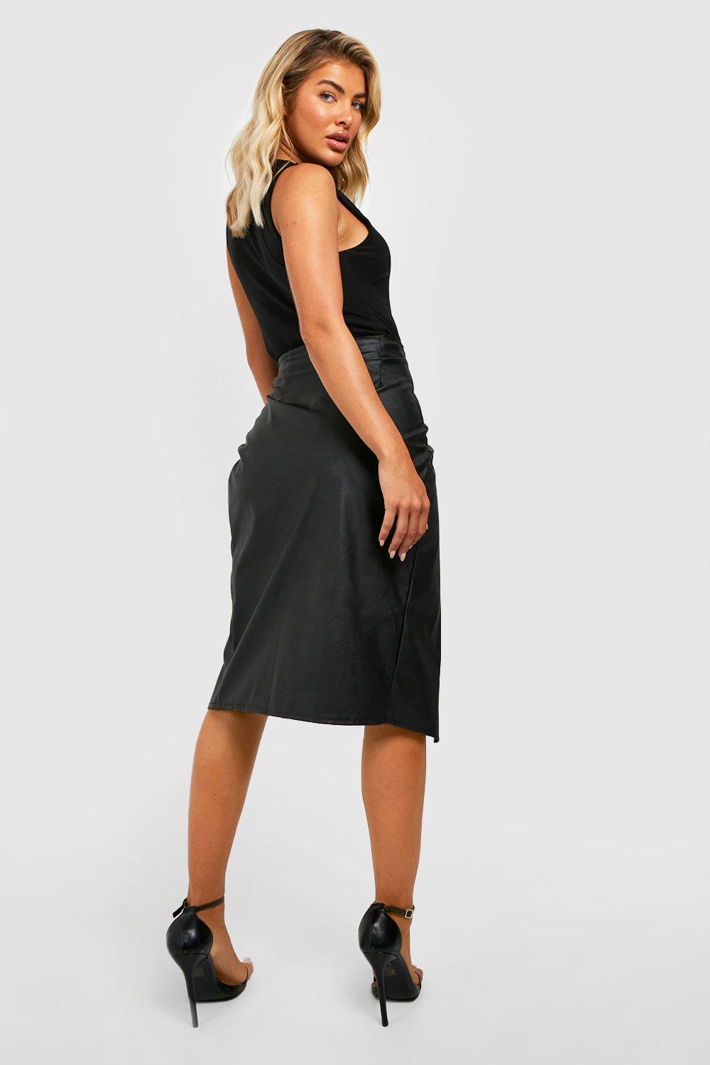 Women's Leather Look Tie Wrap Midi Skirt