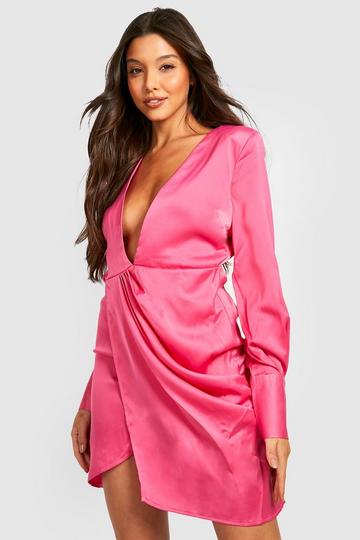 Satin Plunge Wrap Drape Dress pink