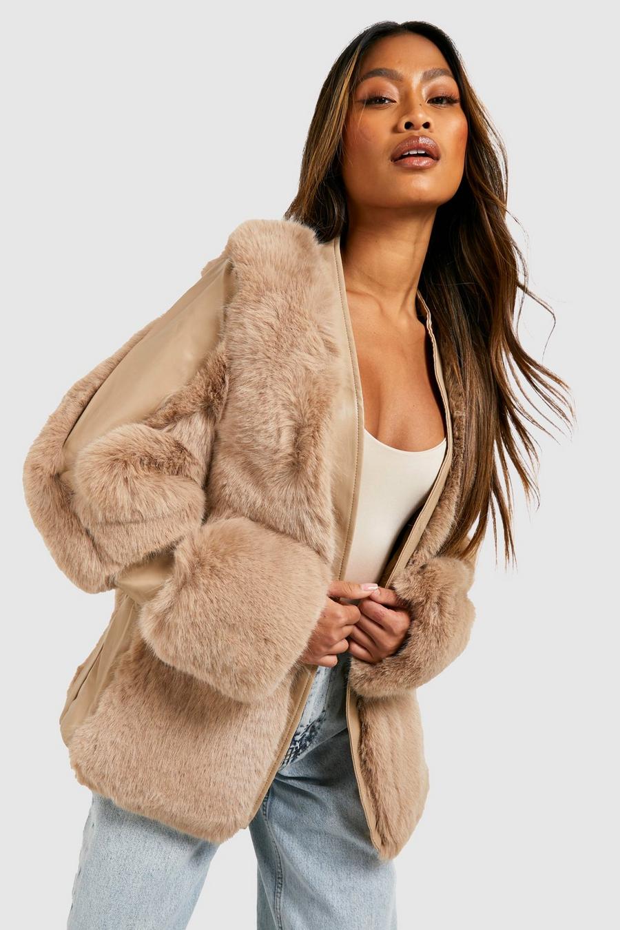 Beige Luxe Faux Fur Panelled Jacket image number 1